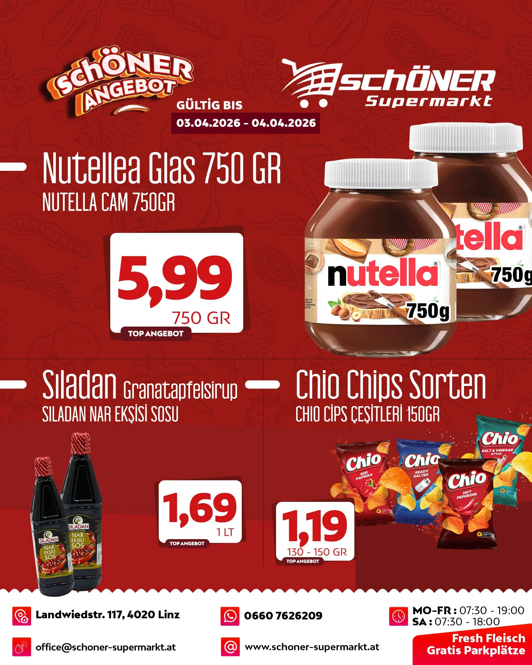 Angebotspost mit Nutella, Granatapfelsirup und Chips