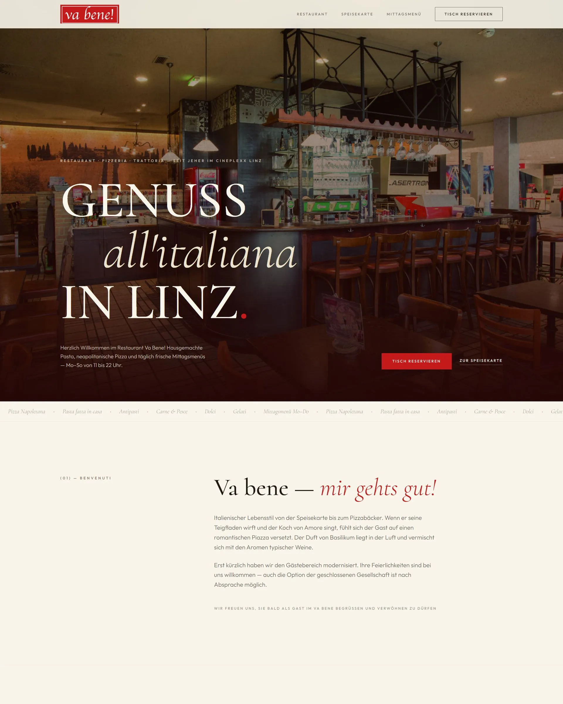 Startseite der Website von Va Bene